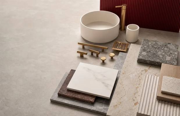 Representative building materials, tiles, stone and hardware visual