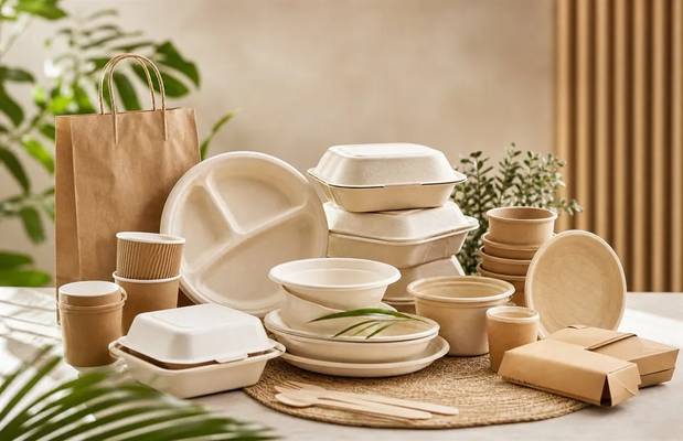 Representative eco packaging, bagasse tableware and compostable product visual