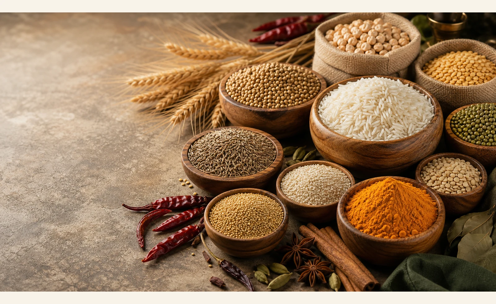 Premium Indian agriculture products with rice, pulses, grains and spices in wooden bowls