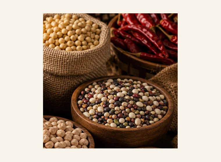 Oilseeds and grains in jute sacks and bowls