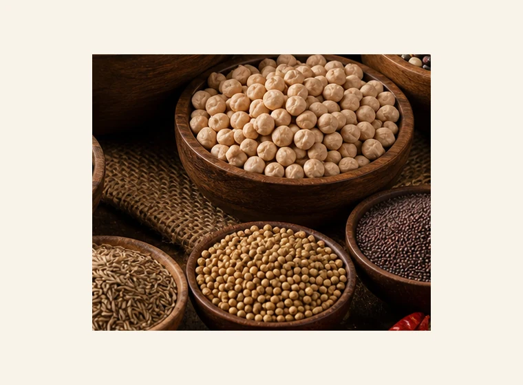 Pulses and chickpeas in bowls and jute sacks