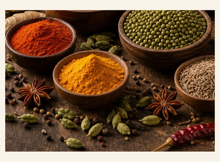 Whole spices and spice powders in bowls