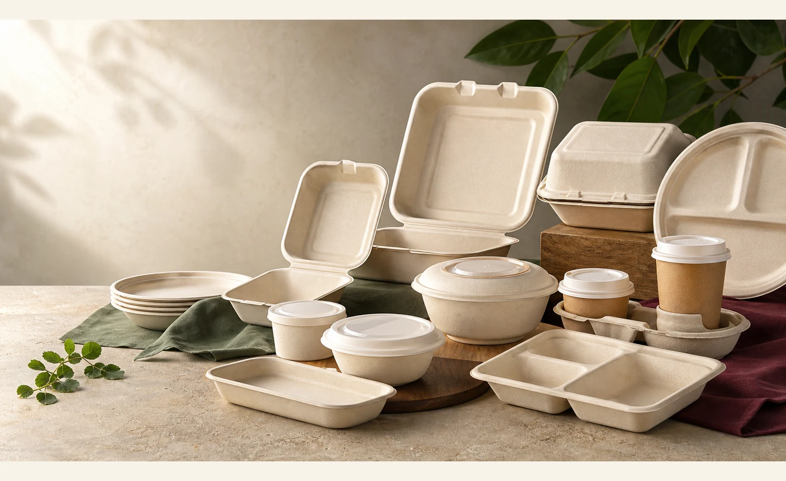 Premium bagasse food packaging suite with clamshells, bowls, trays, plates and cups